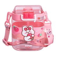 Пляшка для води дитяча з трубочкою та ремінцем 560 мл пляшечка для пиття в школу 15 см Рожева HP-14-36P (73816)