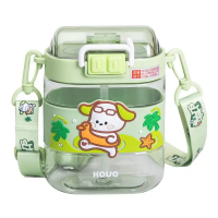 Пляшка для води дитяча з трубочкою та ремінцем 560 мл пляшечка для пиття в школу 15 см Зелена HP-14-36GR (41517)