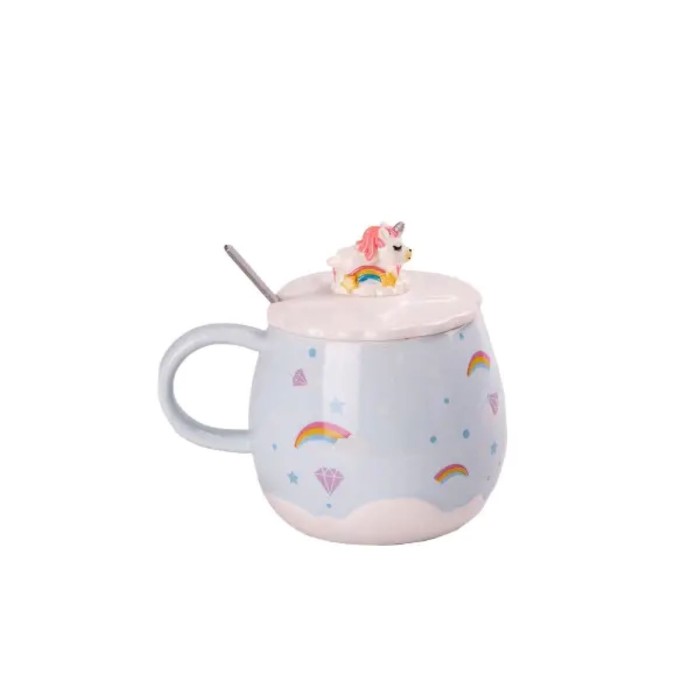 Чашка керамічна Rainbow Ceramic Mug 400ml з кришкою і ложкою Блакитний HPCY8278BL (88296)