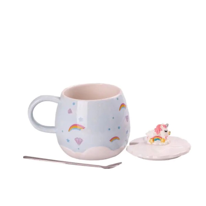 Чашка керамічна Rainbow Ceramic Mug 400ml з кришкою і ложкою Блакитний HPCY8278BL (88296)