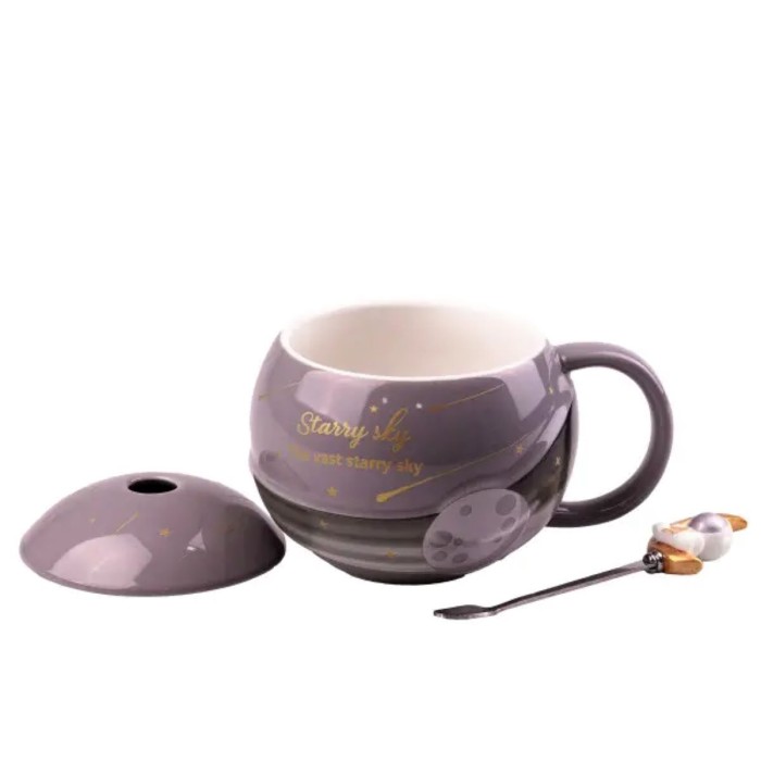 Чашка керамічна Starry Sky 400мл з кришкою і ложкою Сірий HP877G (23331)