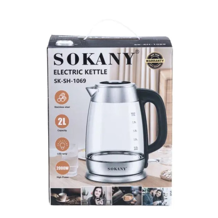 Електрочайник Sokany SK-SH-1069 Electric Kettle 2000W 2l прозорий чайник (38149)