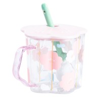 Чашка скляна 500 мл з ложкою і кришкою Рожевий HP7213P (89370)