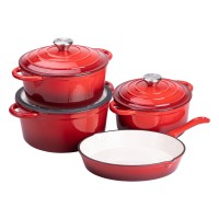 Набір чавунного посуду для приготування 3 каструлі та сковорода з емальованим покриттям Червоний (58118)