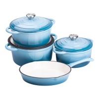 Набір чавунного посуду для приготування 3 каструлі та сковорода з емальованим покриттям Блакитний (86249)