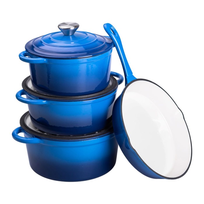 Набір чавунного посуду для приготування 3 каструлі та сковорода з емальованим покриттям Синій (40292)