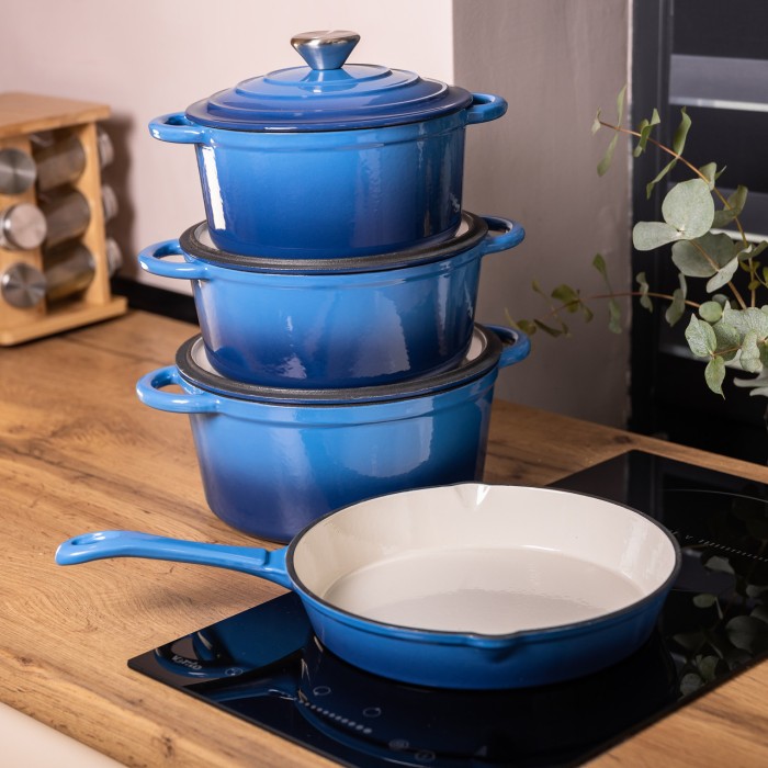 Набір чавунного посуду для приготування 3 каструлі та сковорода з емальованим покриттям Синій (40292)
