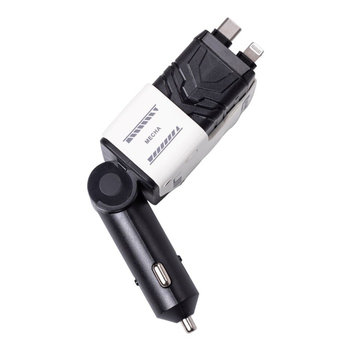 Автомобільний зарядний пристрій MECHA з висувними кабелями та портами USB/Type-C Білий HP-A1W (65579)