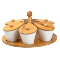 Набір керамічних баночок для сипучих продуктів 6 штук по 100 мл на бамбуковій підставці (15754)