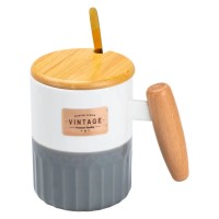 Чашка керамічна з бамбуковою кришкою та ручкою 400 мл Сіра HP7204G (29409)